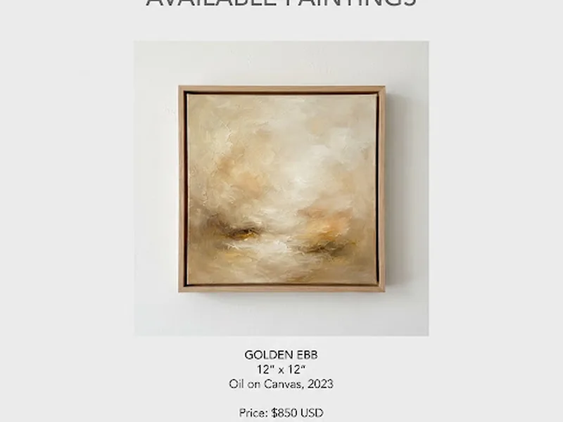 Golden Hour — luminous strokes of pale gold, warm beige and subtle umber in a square format