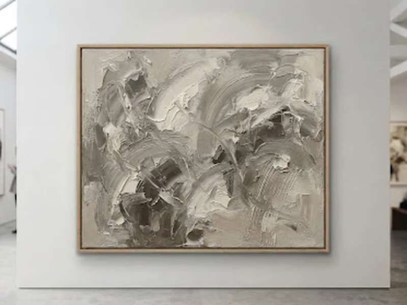 Quiet Moment — monochromatic abstract in warm grey, taupe and bone white with thick textured paint