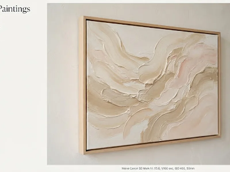 Whispering Light — abstract sweeping brushstrokes in soft cream, beige and blush pink with visible impasto texture