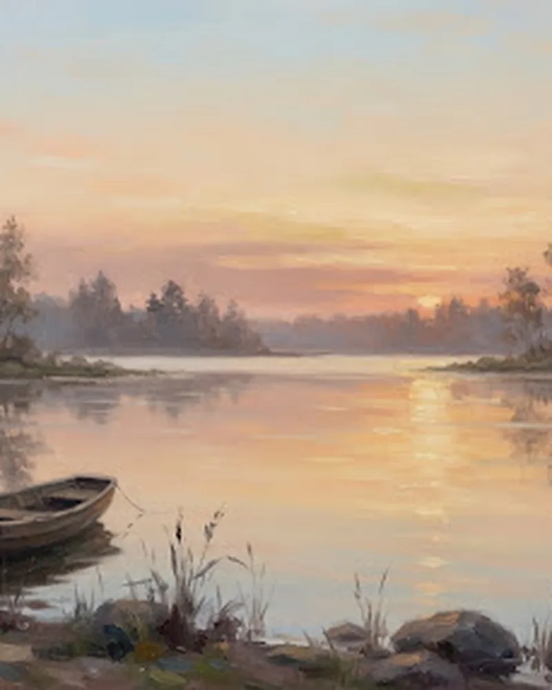 Serene landscape painting of a lake at sunset in soft peach, warm gold and pale blue