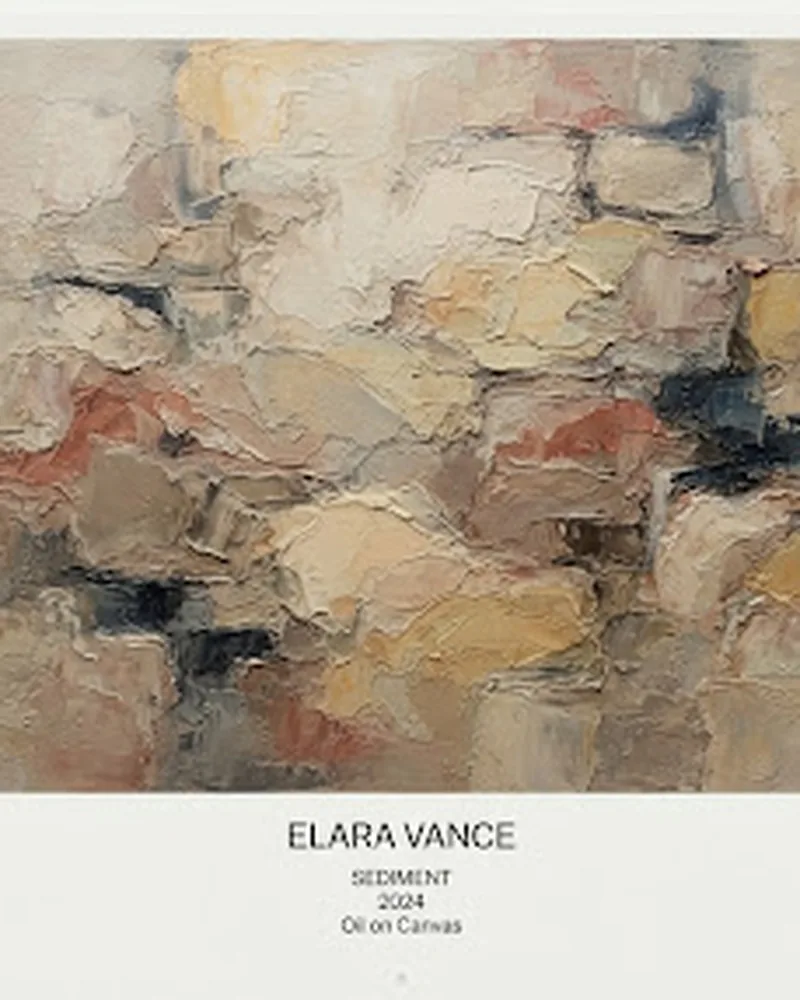 Textured abstract painting in muted earth tones and soft beiges, reminiscent of a weathered stone wall
