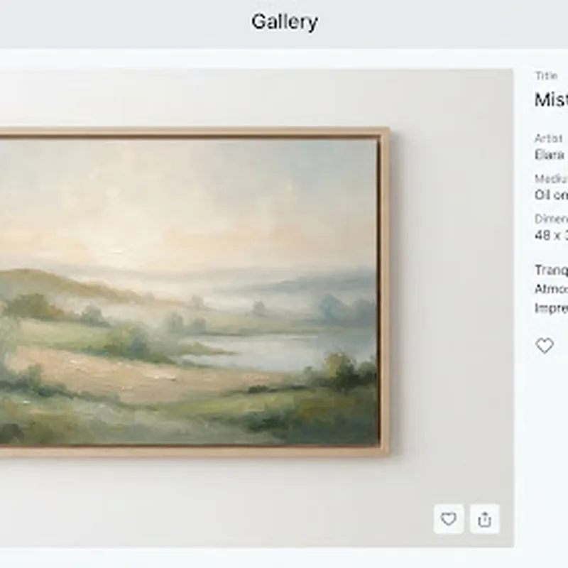 Tranquil landscape painting of a misty horizon in muted greens and warm beige tones