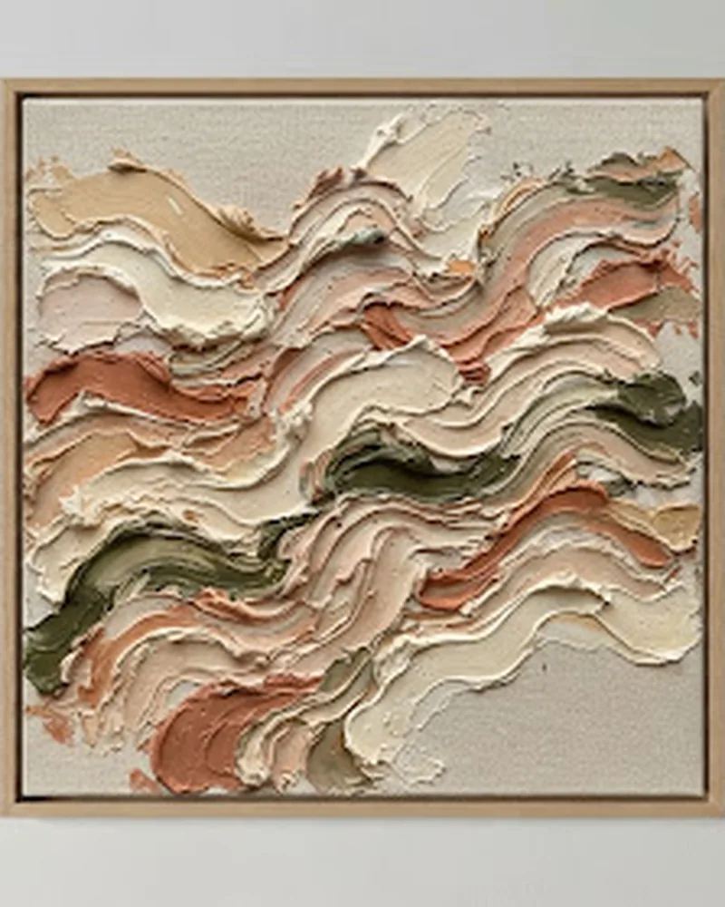 Sweeping strokes of thick impasto paint in warm bone, soft clay and deep olive