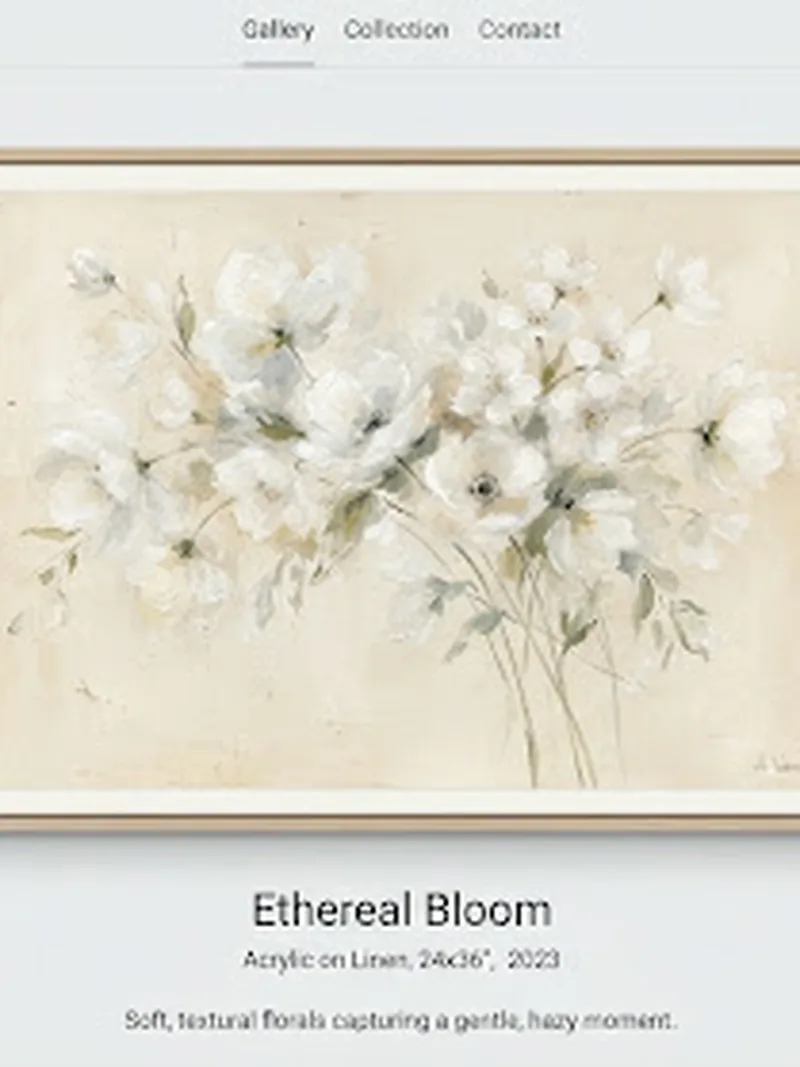 Minimalist floral painting of soft, hazy white blooms against a warm beige background