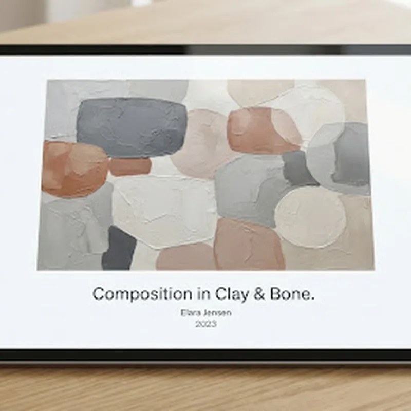 Abstract composition of overlapping shapes softened by heavy texture in muted greys and soft clay