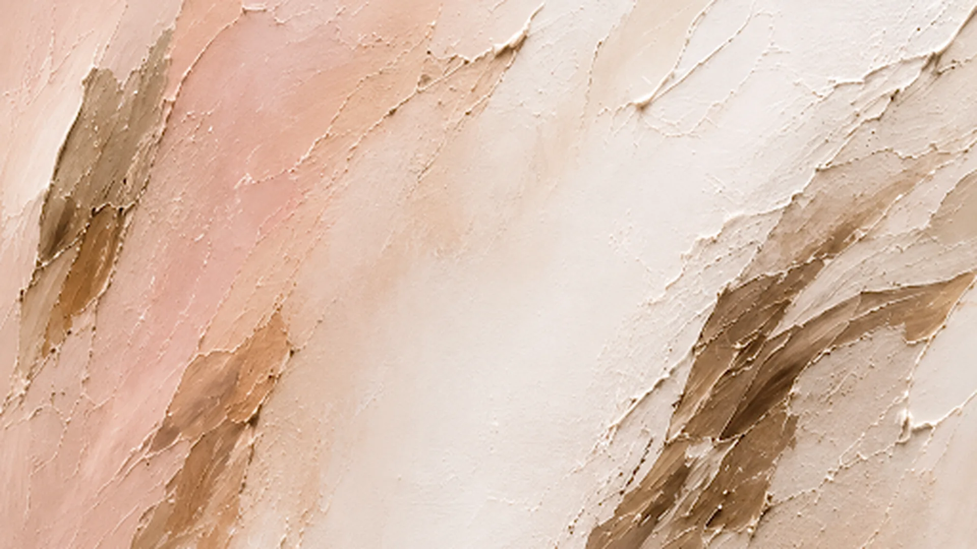 Close-up of thick, textured oil paint applied with a palette knife in creamy whites, dusty pinks and warm beige